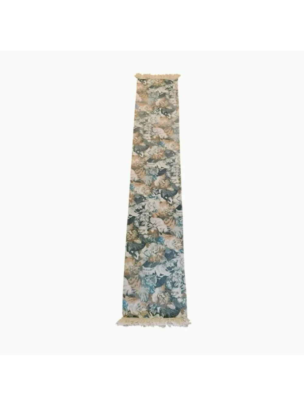 Vintage Cat Tapestry Table Runner With Fringe Edging, 64x12, Tan Cream Blue